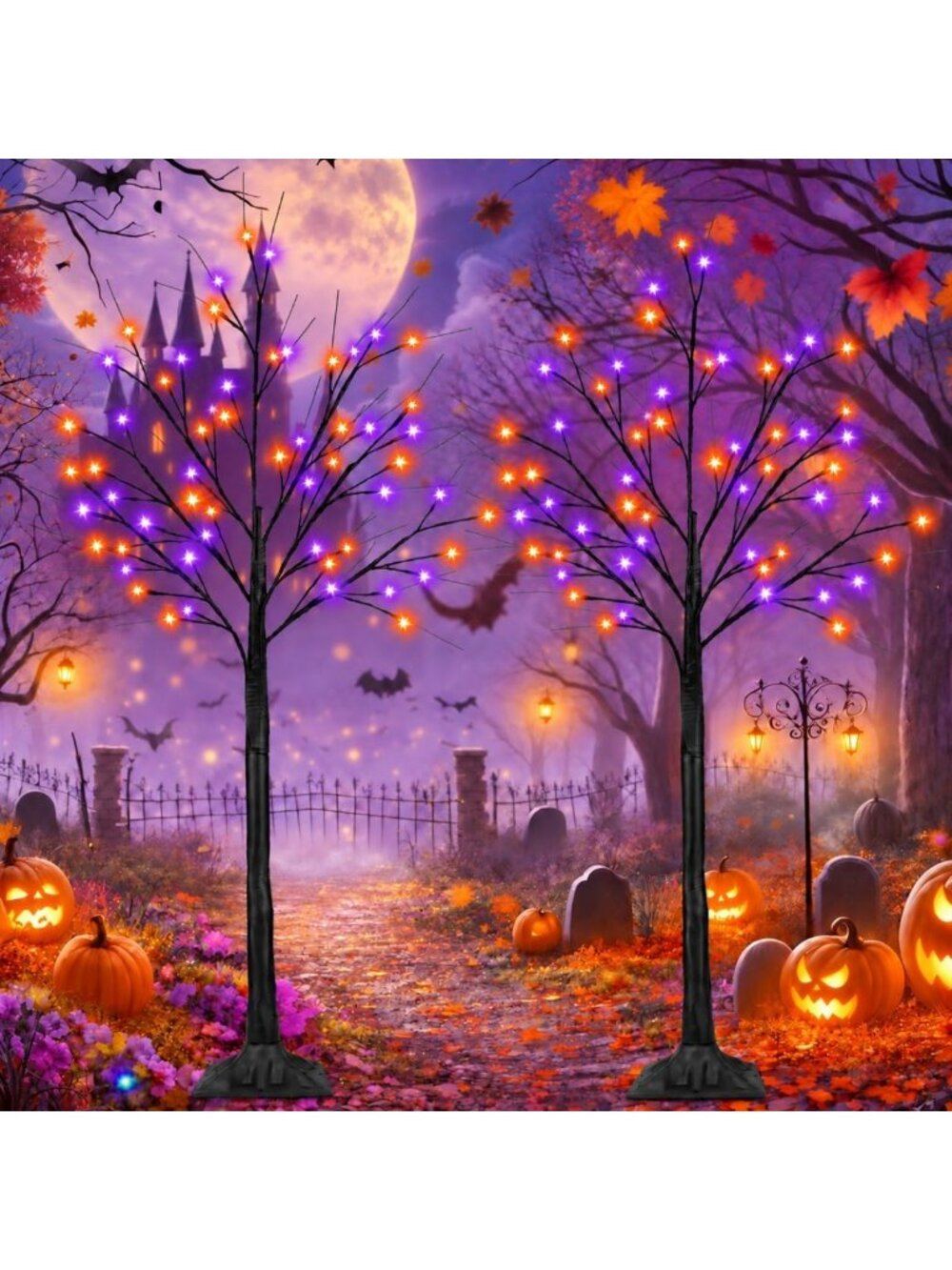 2 Pack 4FT Halloween Lighted Black Trees with 100 LED Orange & Purple Lights